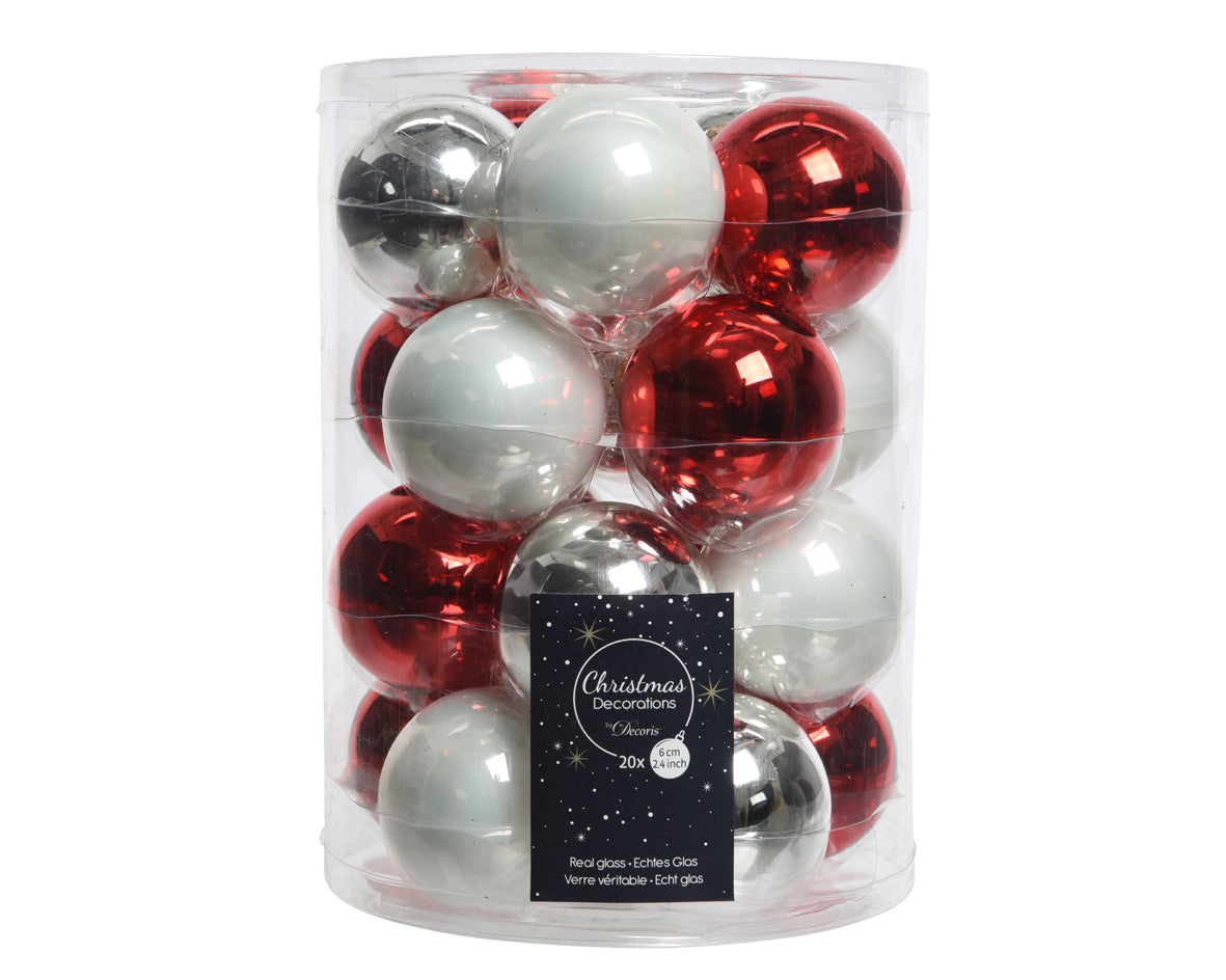 Box 20 Palle Di Natale in vetro diametro 6 cm per decorazioni natalizie rosse bianche argento - DeMatteis.it