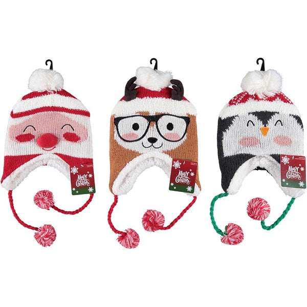 Cappello di Natale per bambini a maglia con paraorecchie e pon pon, fantasie natalizie assortite - DeMatteis.it