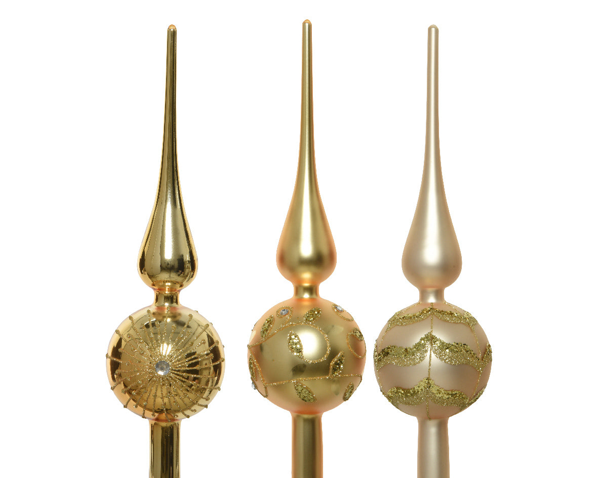 Puntale vetro per albero di Natale perla oro decorativo 31 cm con ornamenti glitterati - DeMatteis.it