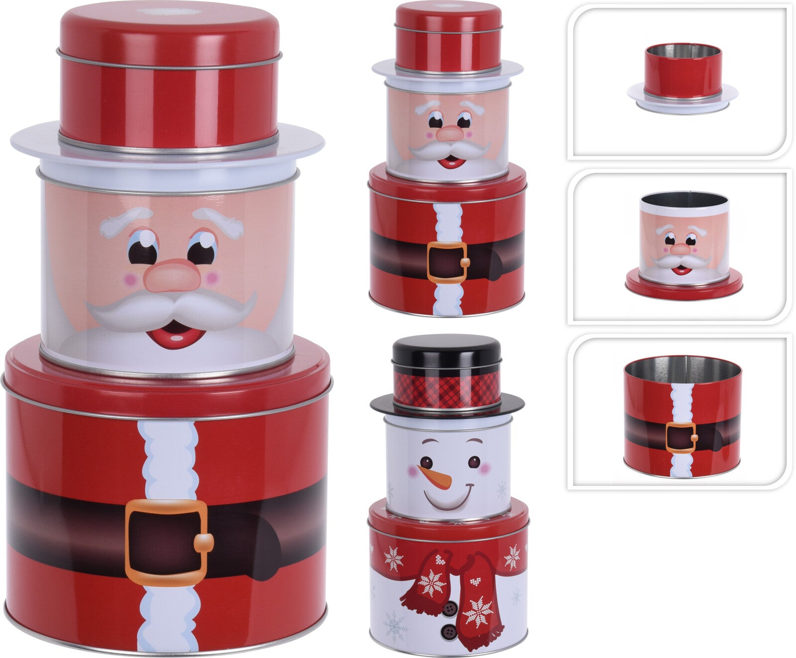 Contenitore per biscotti figura natalizia set tre barattoli impilabili con decorazioni Babbo Natale e pupazzo di neve - DeMatteis.it