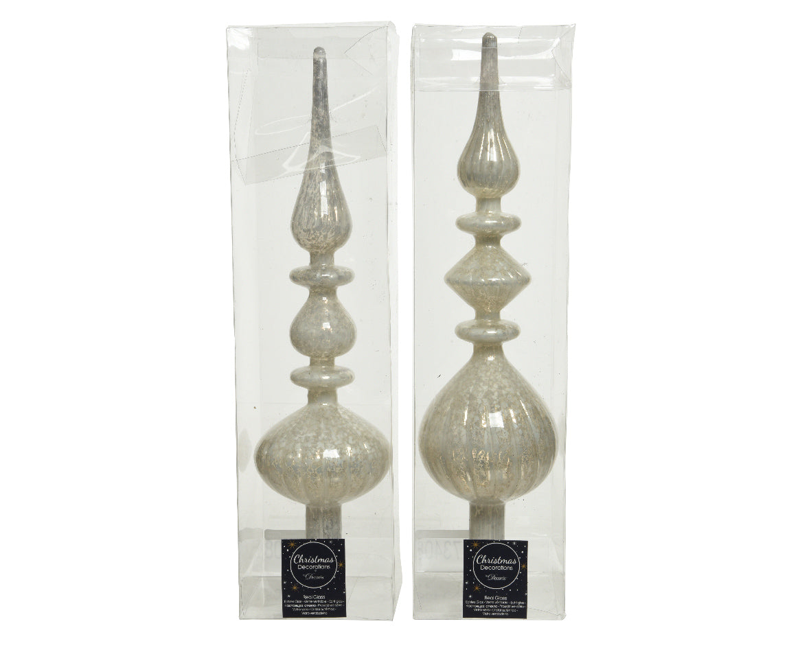 Puntale Vetro Winter White decorativo per albero di Natale diametro 9 cm altezza 35 cm finitura anticata - DeMatteis.it