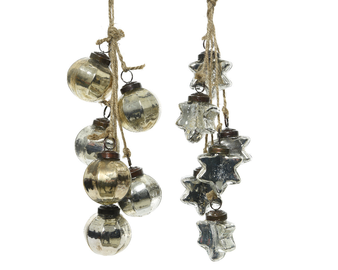 Pendente Sfere O Stelle Silver decorativo in vetro con corda di iuta per ornamento natalizio dimensioni 10 x 46 cm e 6 x 40 cm - DeMatteis.it