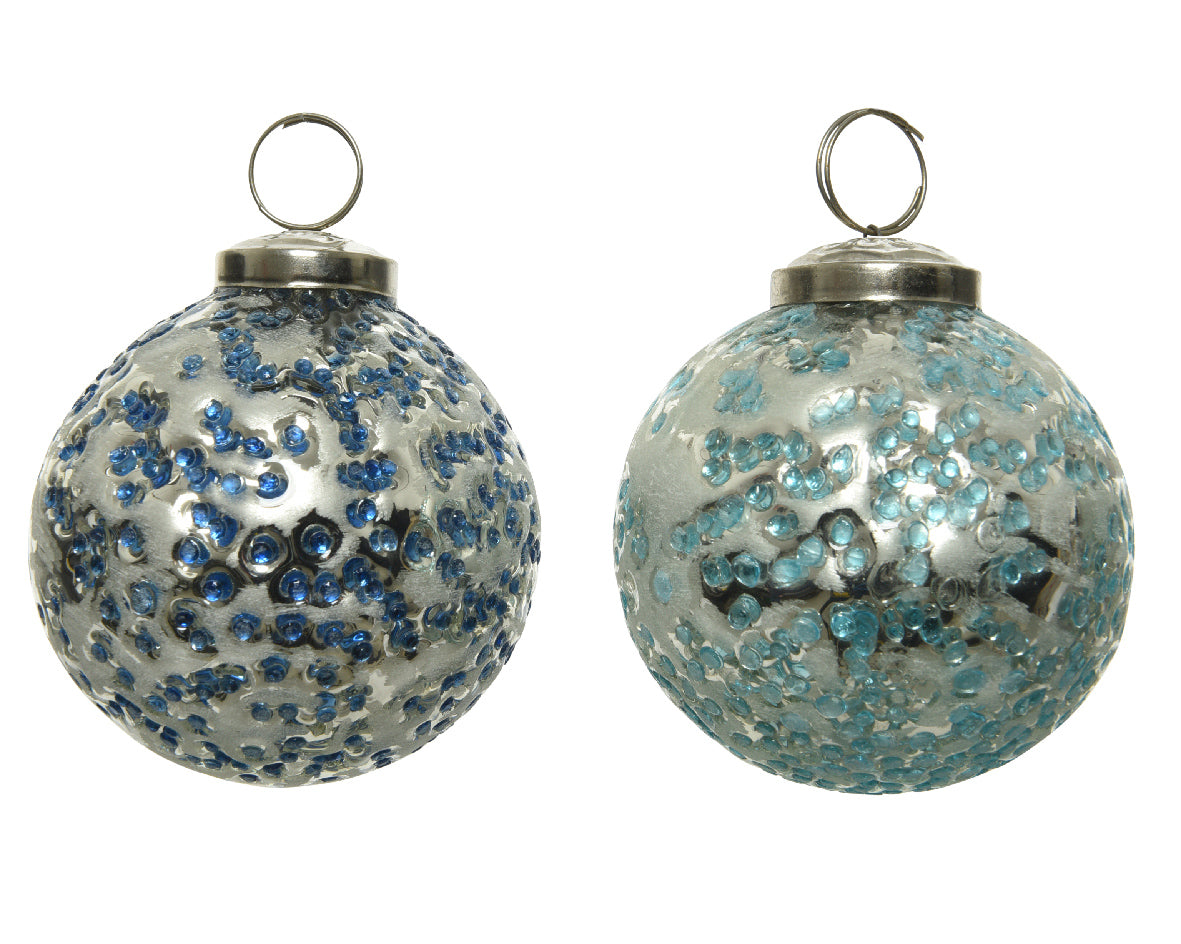 Sfera decorativa natalizia diametro 10 cm con finitura pearl e decorazioni blu per addobbi - DeMatteis.it