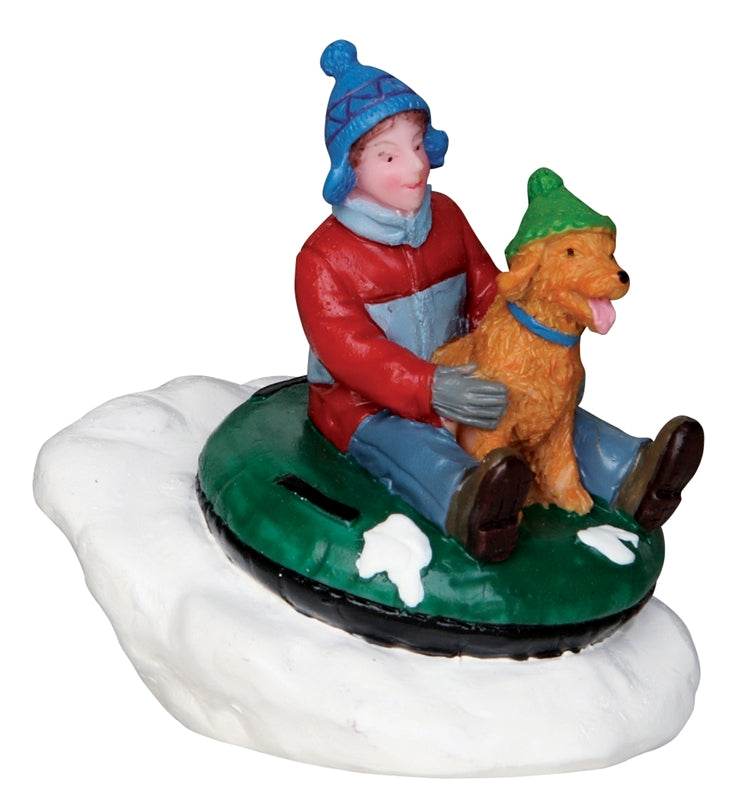 Tubing Buddies Lemax figurina decorativa natalizia con bambino e cane su slittino per villaggi di Natale - DeMatteis.it