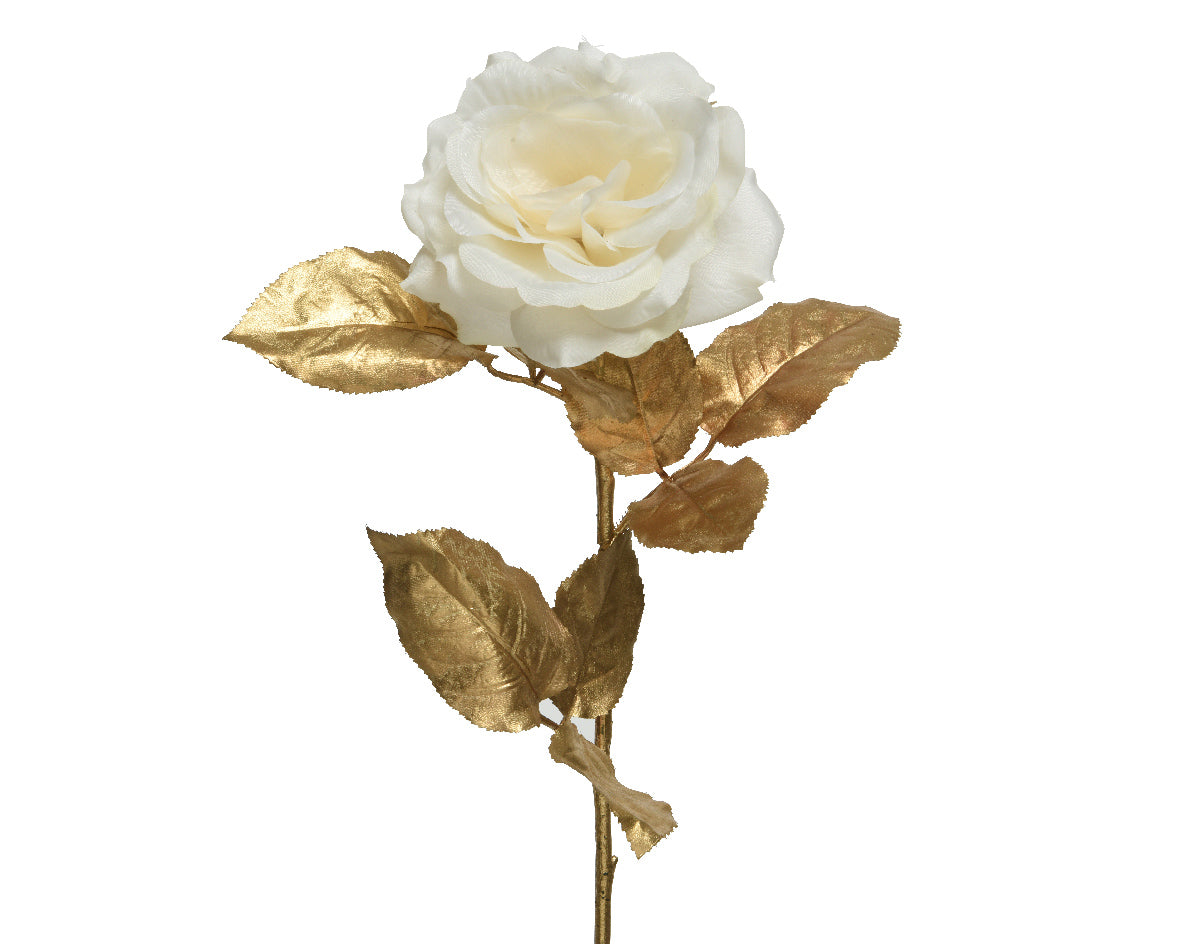 Rosa artificiale crema con foglie oro da 65 cm per decorazione - DeMatteis.it
