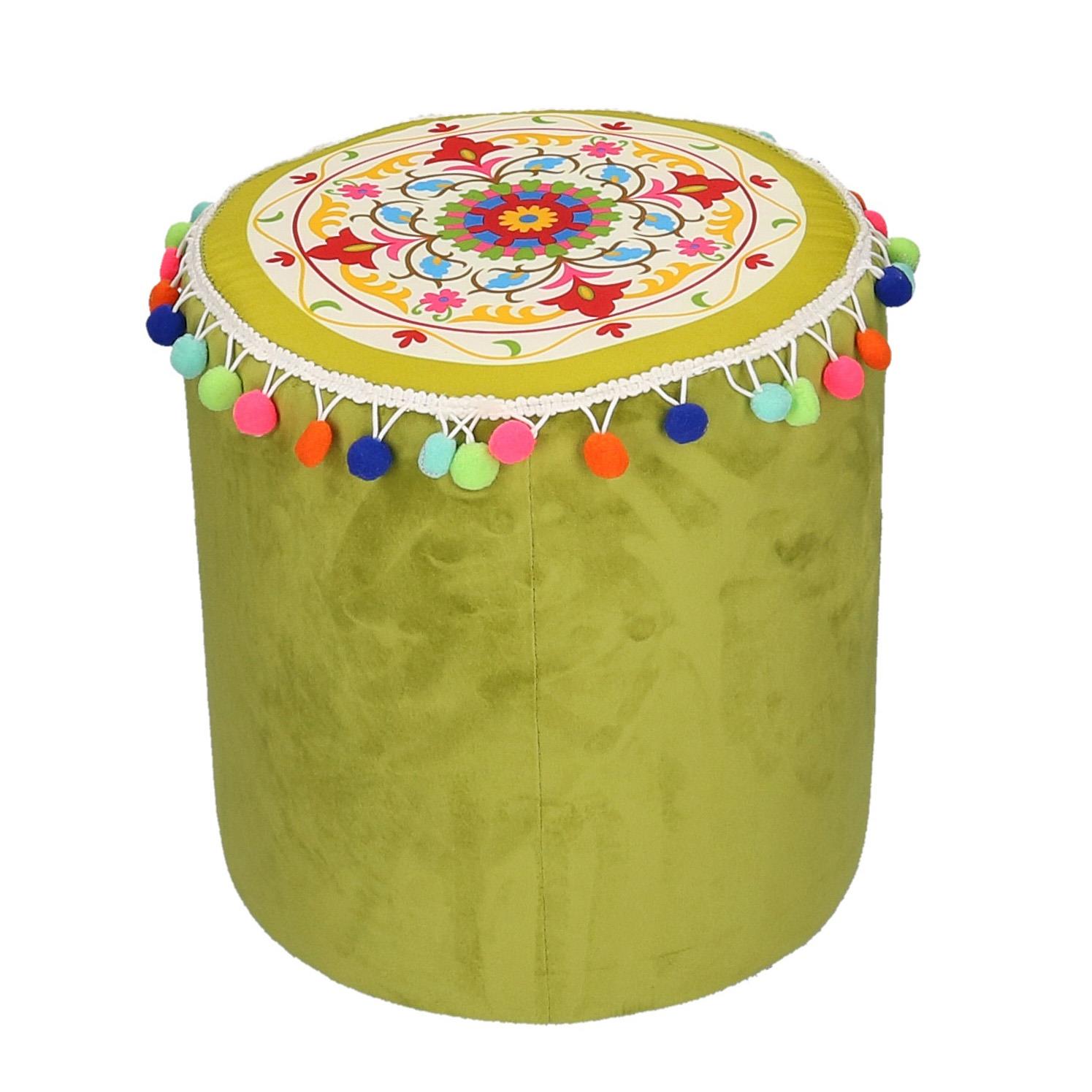 Pouf Tondo Tessuto Verde Con Pompon 32X32 Cm