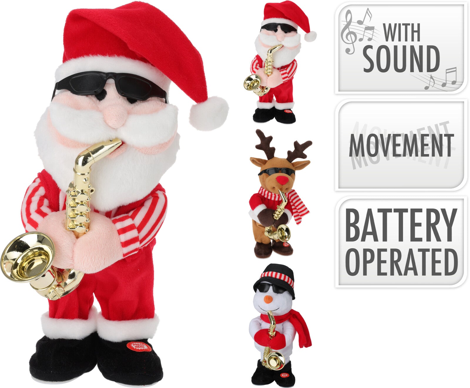 Babbo Natale animato con sassofono, funzione suono e movimento, altezza 35 cm, alimentato a batteria - DeMatteis.it