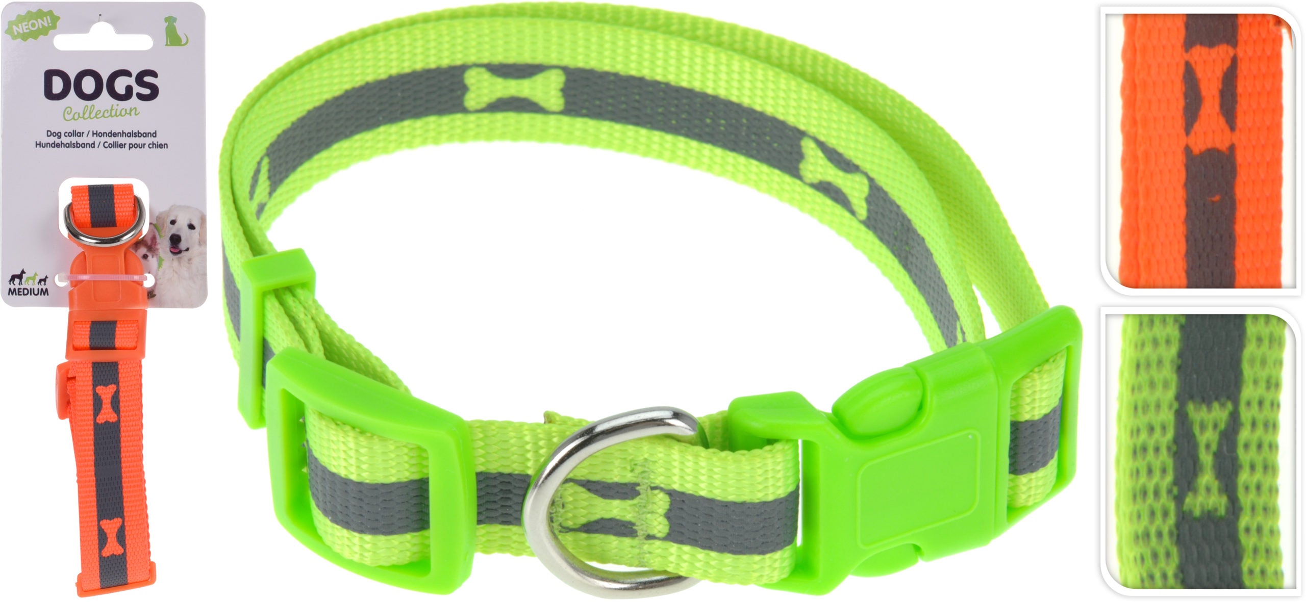 Vista frontale di guinzaglio per cane in tessuto fluorescente verde con fibbia a sgancio rapido, anello metallico e strisce grigie decorative con motivi a osso.