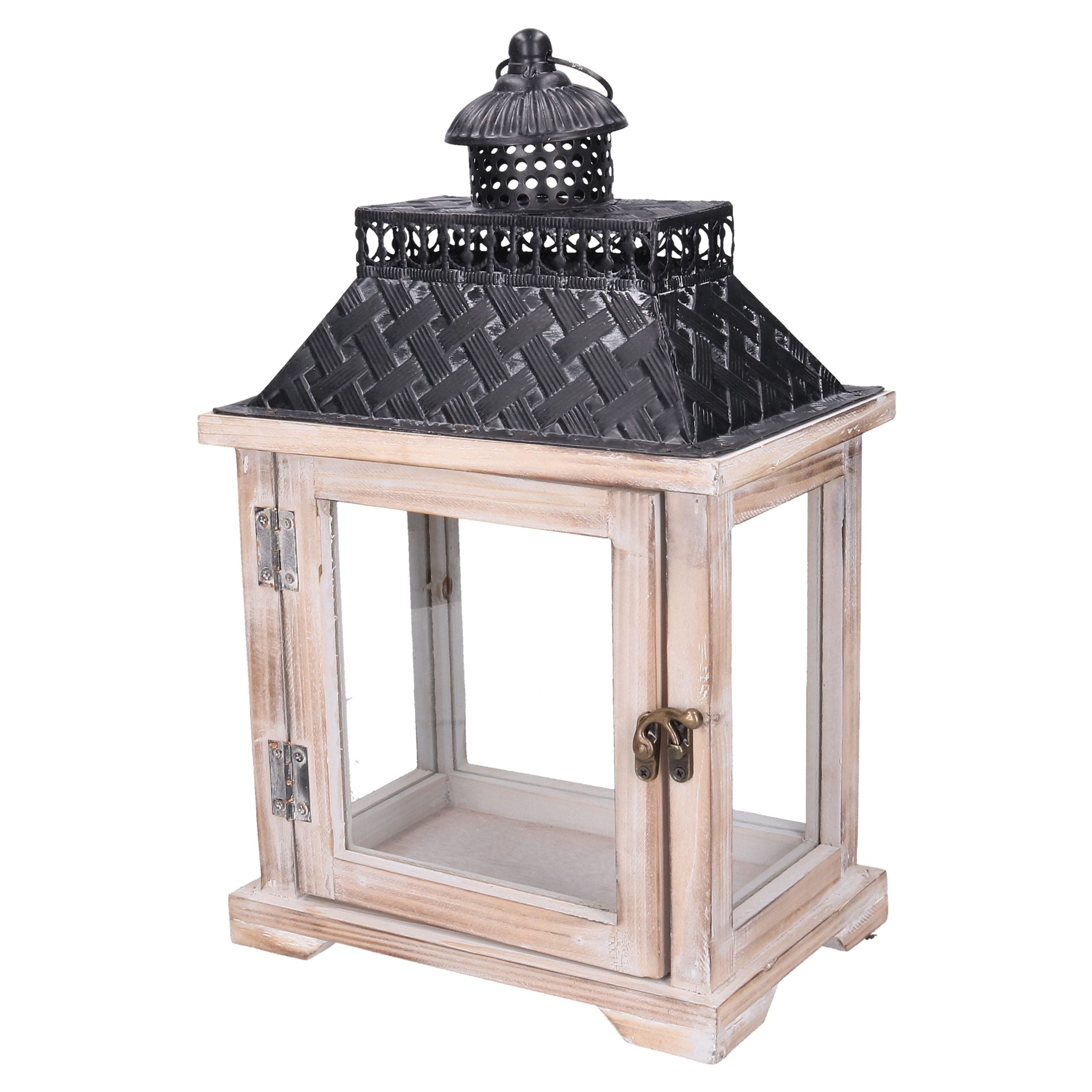 Lanterna Legno Sbiancato Tetto Nero 24X16X39 Cm