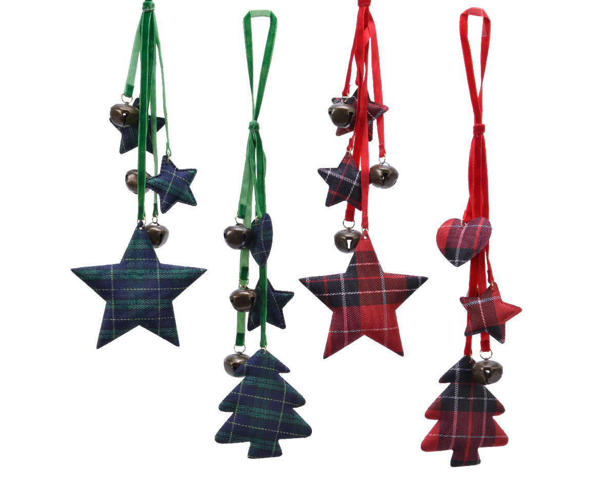 Pendente Stelle 38 cm decorazione natalizia con stelle alberi e campanelli in tessuto tartan - DeMatteis.it