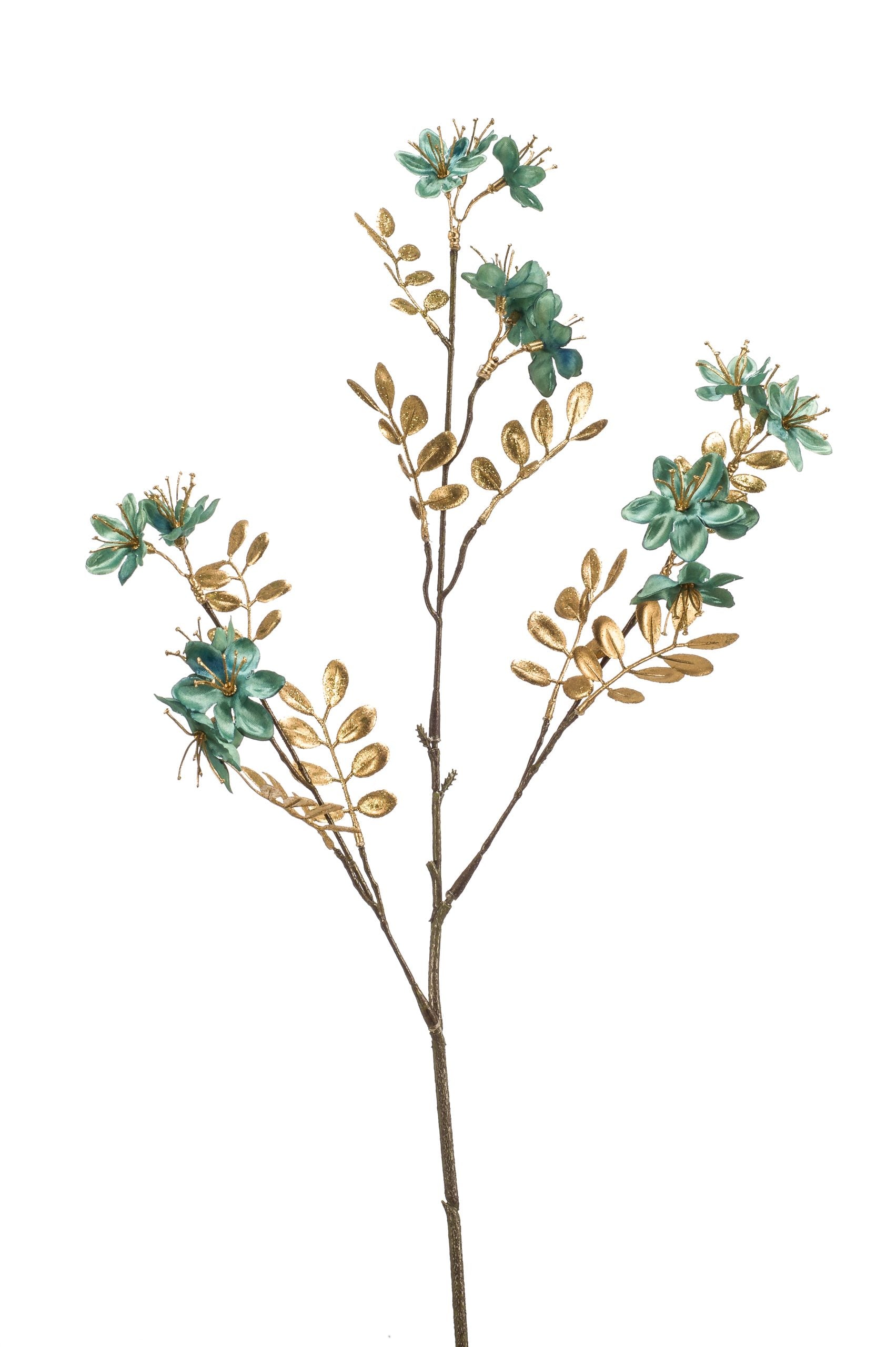 Tweedia Turchese 62 cm ramo artificiale decorativo con fiori e foglie dorate per composizioni floreali - DeMatteis.it