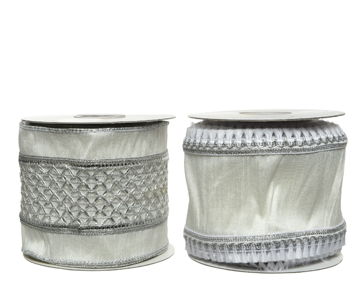 Nastro Winter White decorativo 10x500 cm per decorazioni e confezioni regalo con finiture argentate - DeMatteis.it