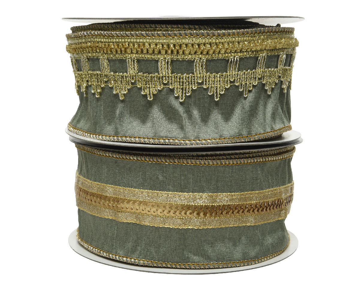 Nastro Sage Green 6,3 x 1000 cm per decorazioni con bordure dorate ornamentali - DeMatteis.it