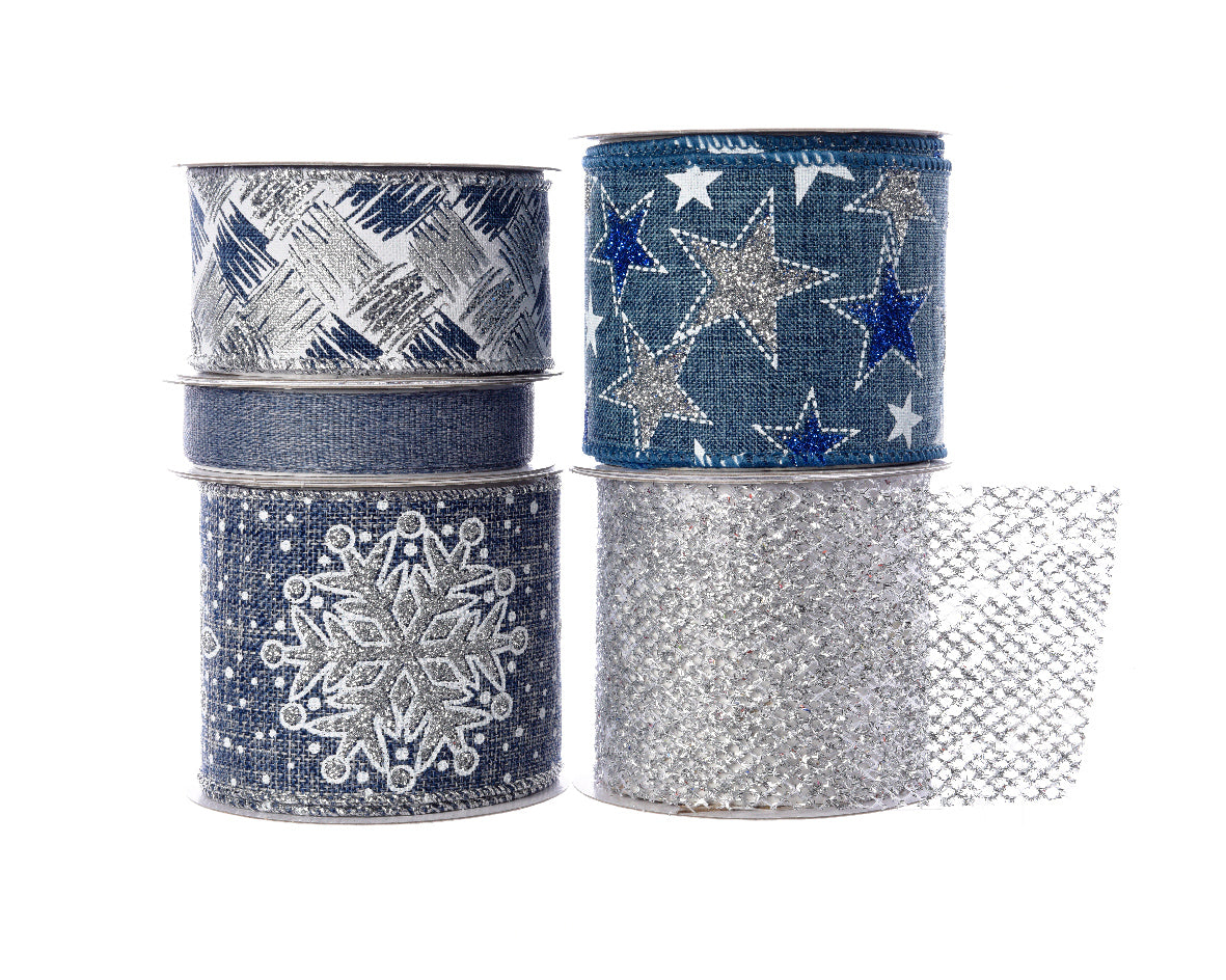 Nastro Decorato Blu Silver 270 cm set di nastri decorativi natalizi in 5 tipologie diverse dimensioni variabili da 1,5 a 6,4 cm di larghezza per confezioni regalo - DeMatteis.it