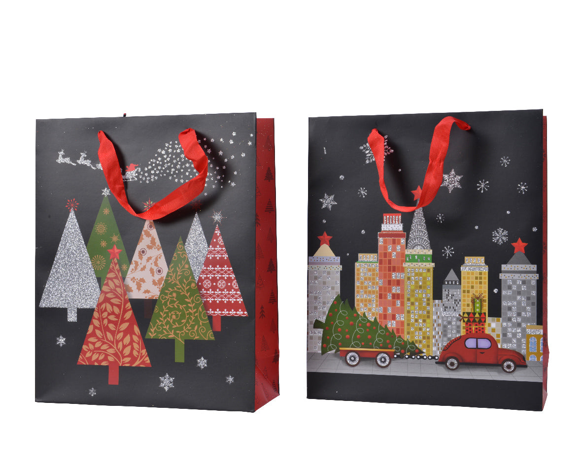 Busta regalo nera con decorazioni natalizie formato medio 16x42x48 cm per confezionamento regali - DeMatteis.it