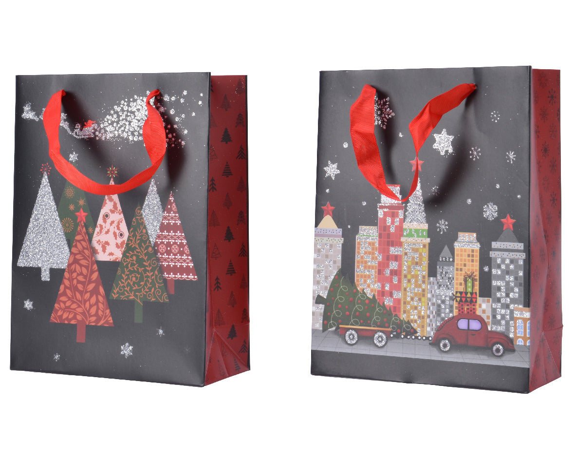 Busta regalo natalizia con decorazioni villaggio innevato 12x30x42 cm per confezioni regalo - DeMatteis.it