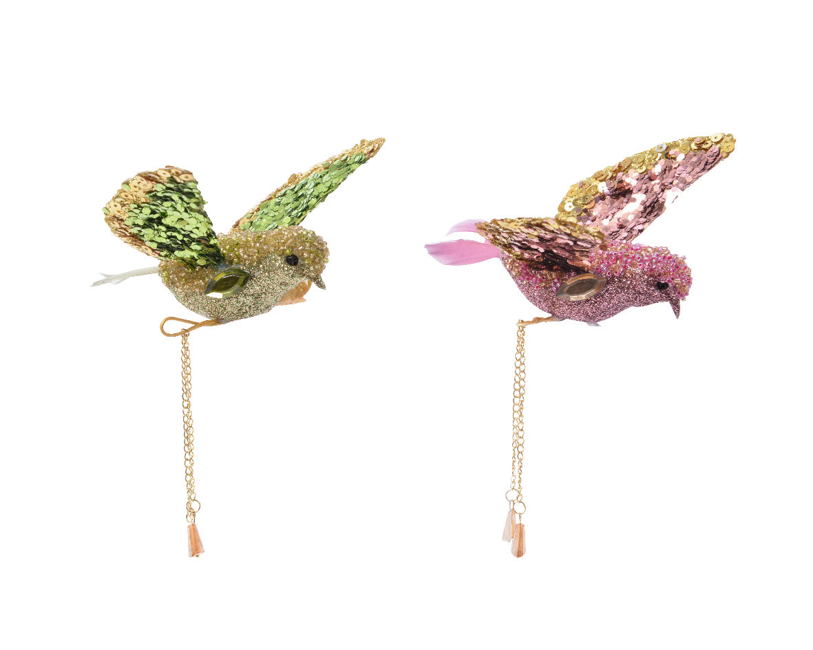 Uccellino decorativo con clip per addobbi natalizi 10x11x19 cm con paillettes e catenella - DeMatteis.it