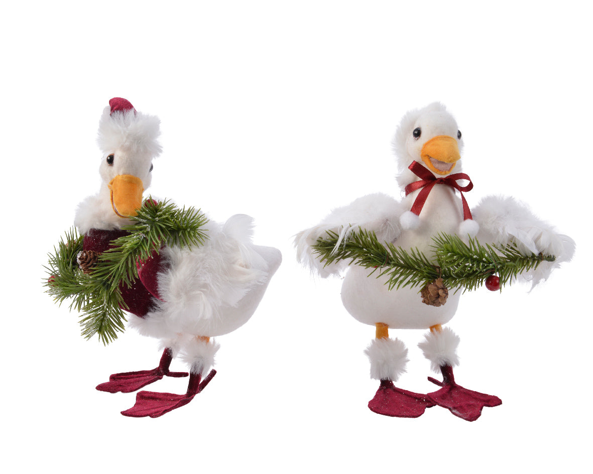 Anatra decorativa natalizia in velluto bianco con decorazioni festive 25 cm per addobbi - DeMatteis.it