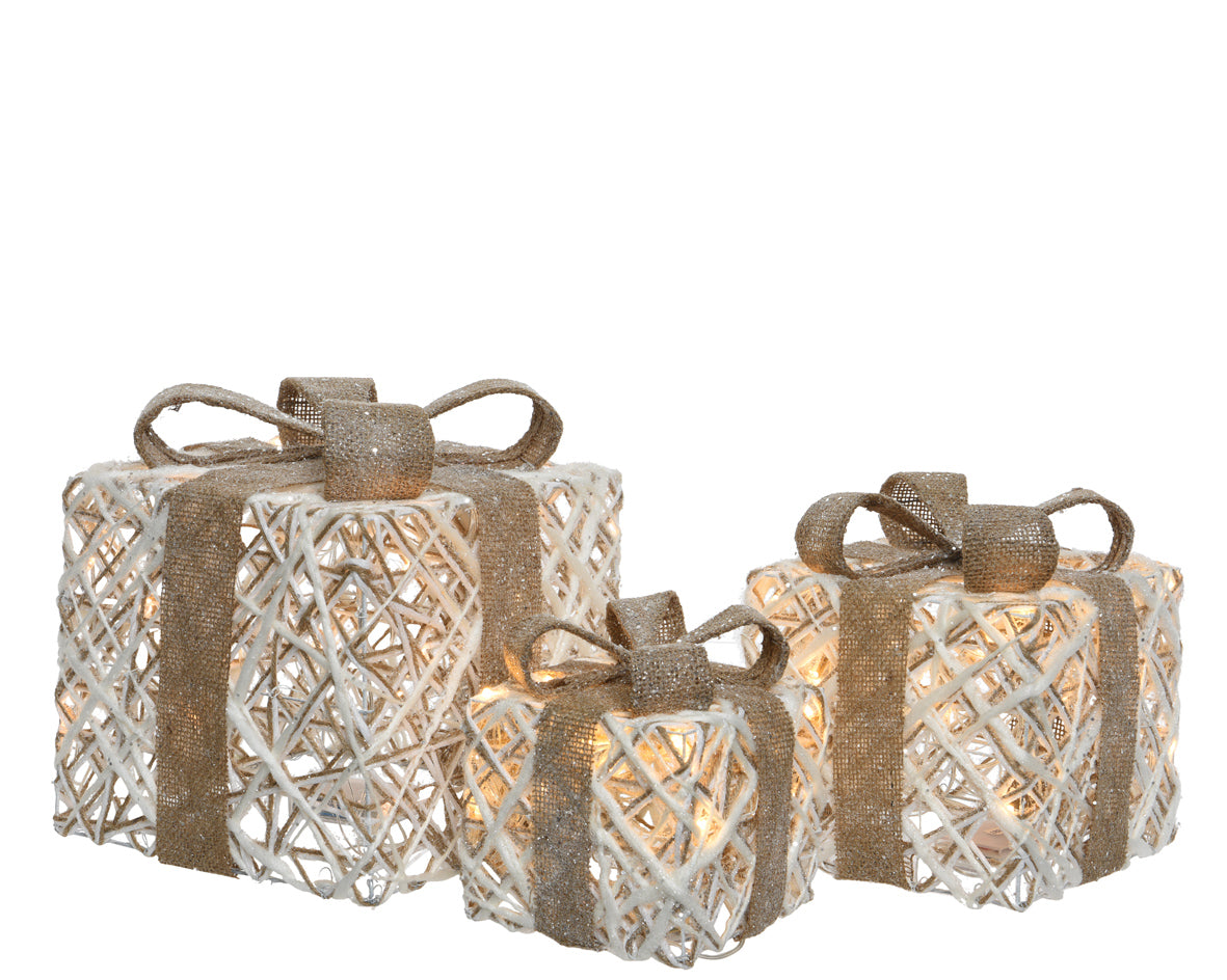 Pacchi Regalo Luminosi Oro Set 3 Pezzi Kaemingk decorazioni natalizie per interni con luci LED integrate - DeMatteis.it