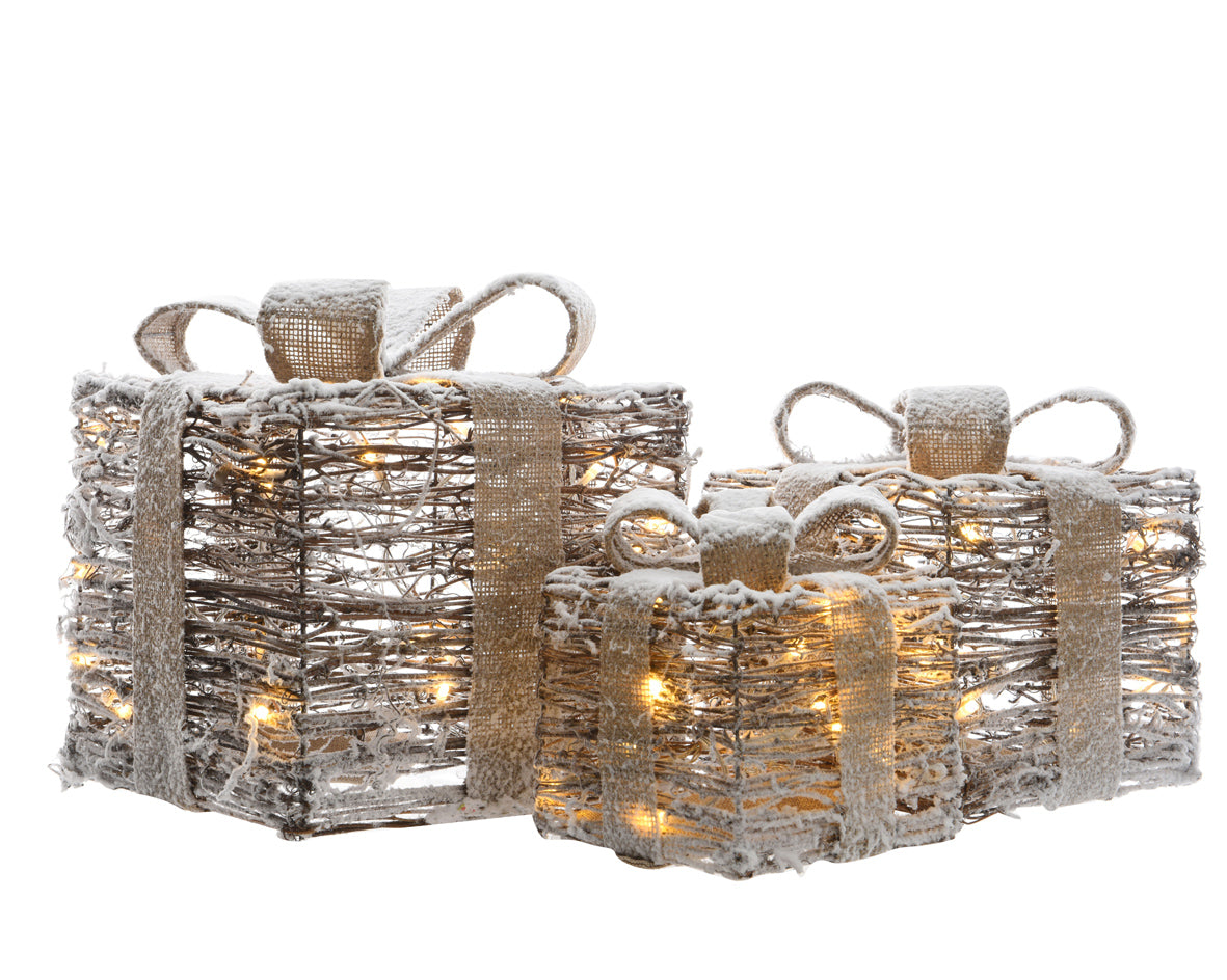 Pacchi Regalo Luminosi Fiocco Argento set 3 pezzi decorazioni natalizie con luci integrate collezione Kaemingk - DeMatteis.it