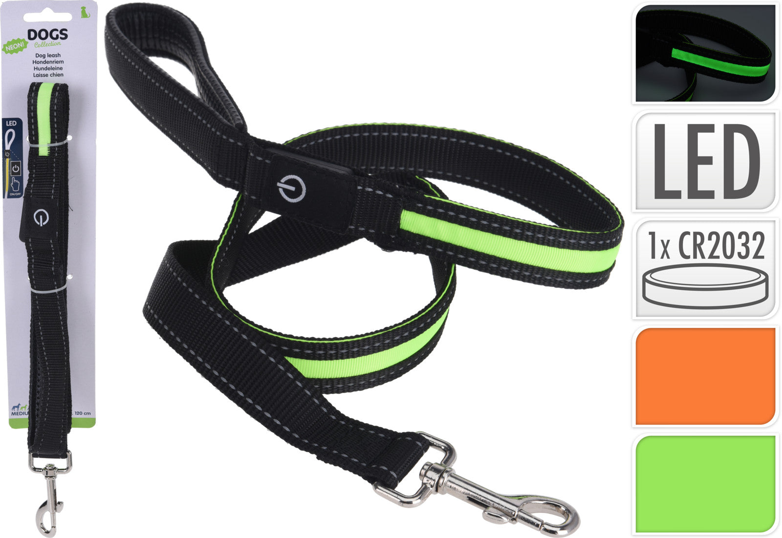 Vista completa di correa per cani con illuminazione LED in tessuto nero e inserti verde fluorescente, moschettone metallico e confezione originale.