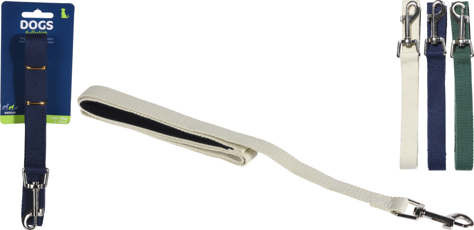 Vista frontale di guinzaglio per cani in tessuto beige con interno nero, moschettone metallico e confezione DOGS Barcelona visibile.