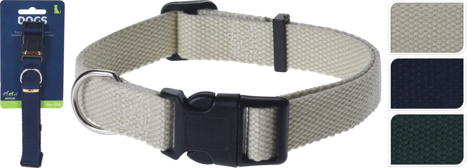 Vista frontale di pettorina per cani con cinghia in tessuto grigio chiaro, fibbia regolabile nera e anello metallico per guinzaglio.