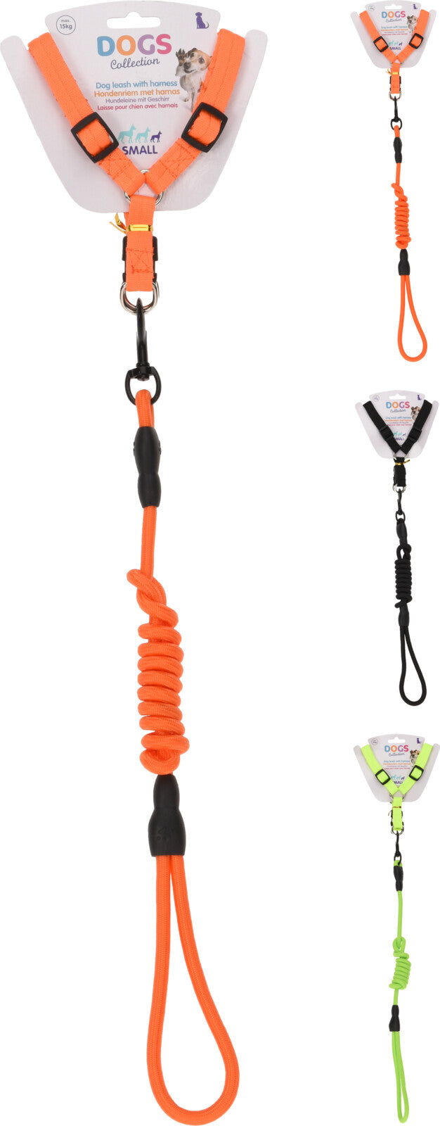 Vista completa di set pettorina e guinzaglio per cani taglia small in arancione con finiture nere e confezione Dogs Collection.