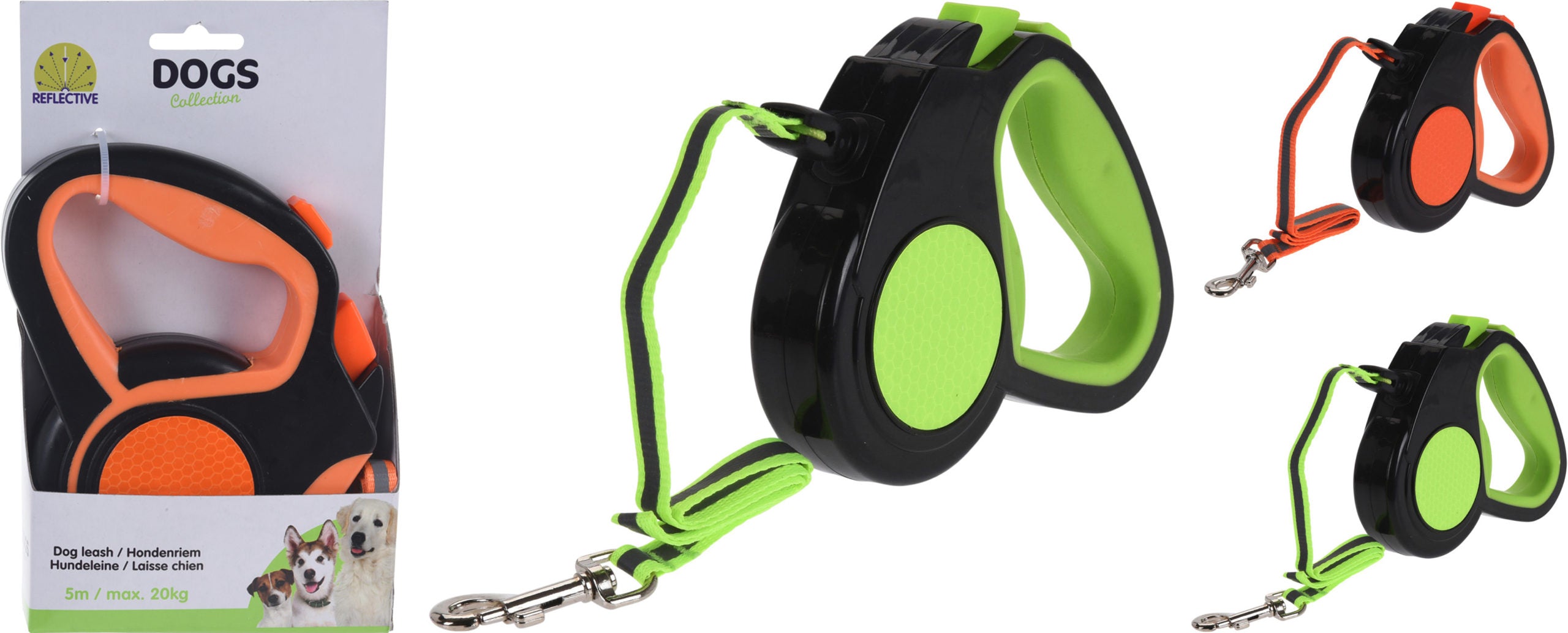 Vista prodotto di guinzaglio retrattile per cani con impugnatura ergonomica nera e inserti verdi fluorescenti, completo di moschettone metallico.