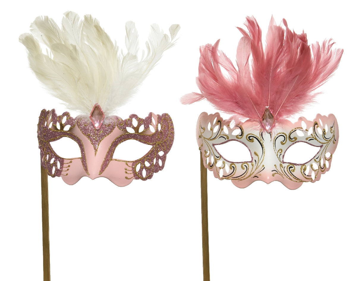 Maschera Blush Pink con bastoncino per feste e carnevale 48 x 12 cm con piume decorative - DeMatteis.it