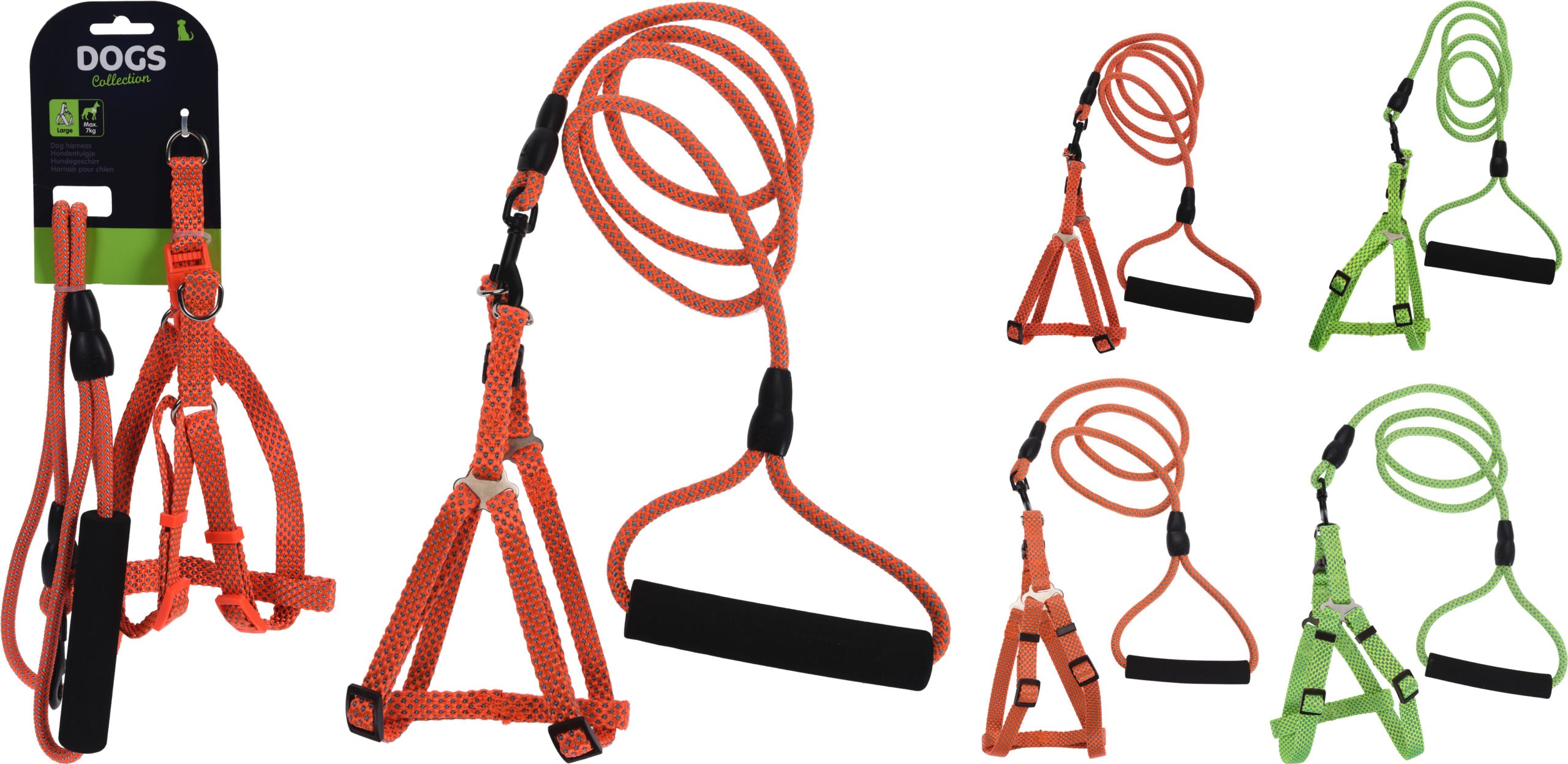 Vista completa di set accessori per cani con imbracature regolabili e guinzagli arancioni e verdi con impugnature nere ergonomiche.