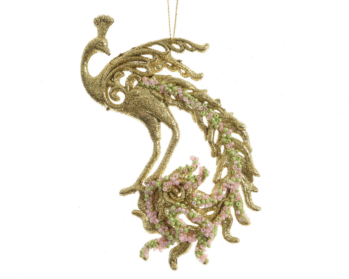 Pendente Pavone Light Gold decorativo natalizio da 15 cm in plastica con glitter - DeMatteis.it