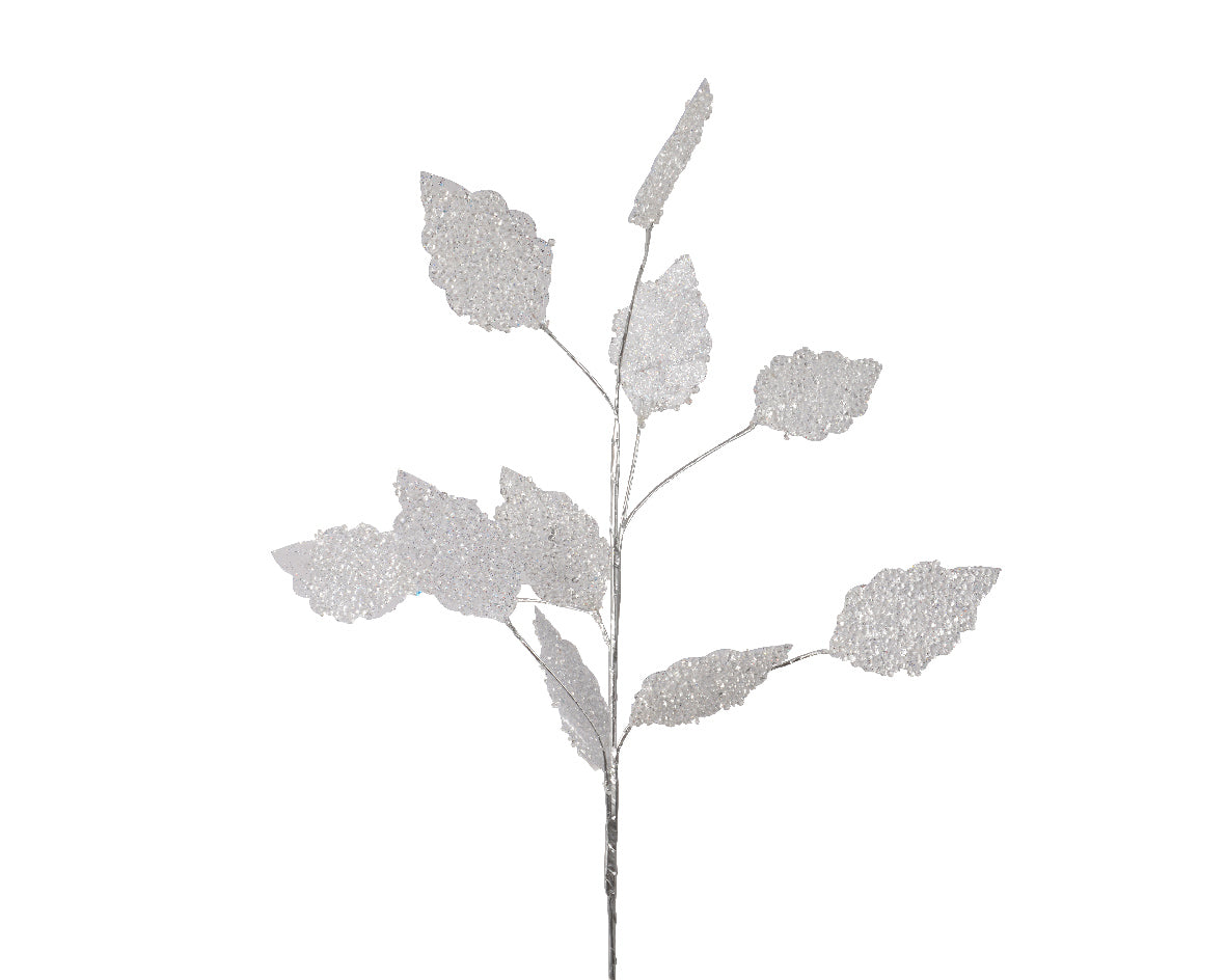 Ramo Foglie Bianche Ghiacciate 70 cm decorativo in acrilico per addobbi natalizi e composizioni floreali - DeMatteis.it