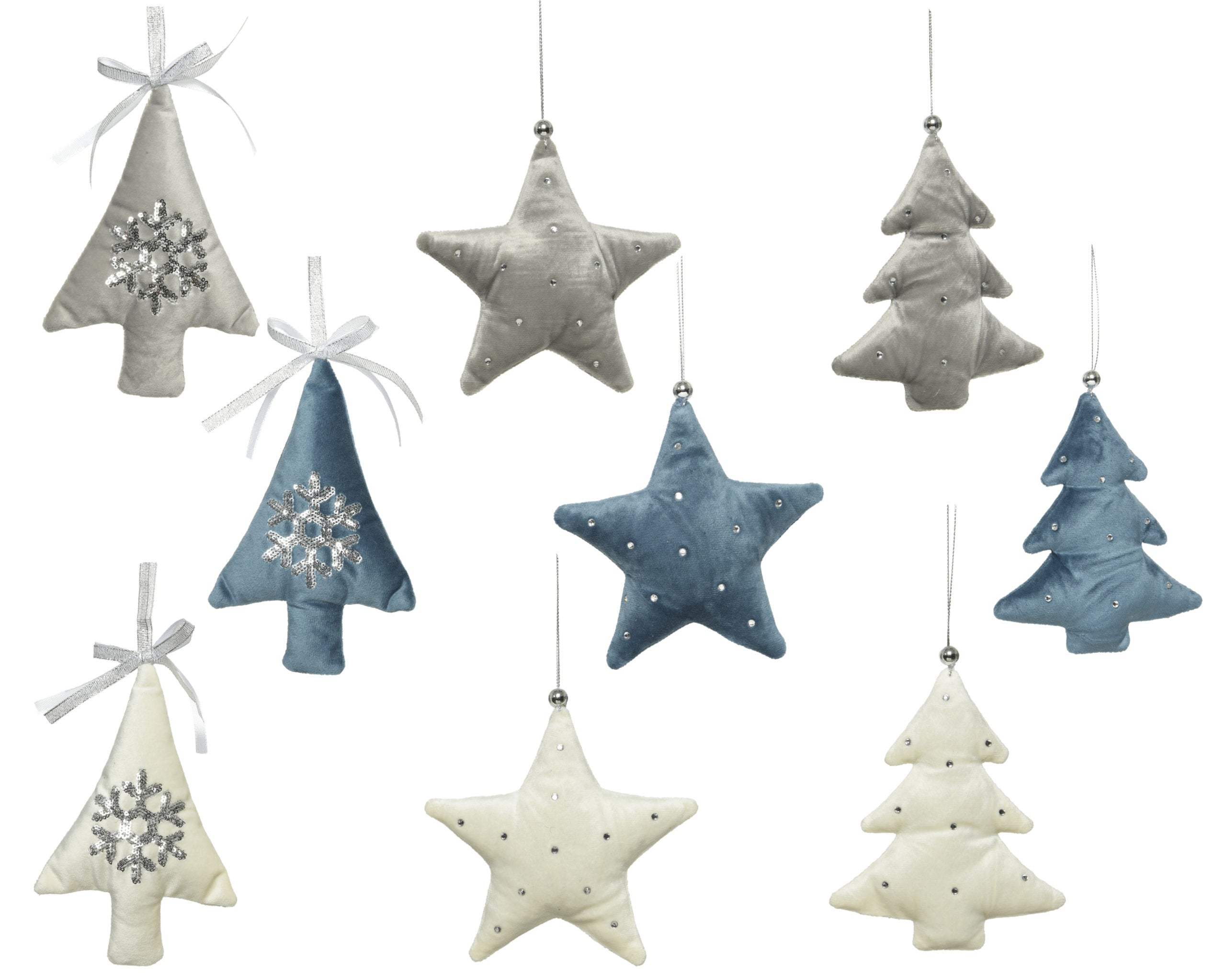 Pendenti natalizi in velluto forme albero e stella decorazioni natalizie 12 x 17 cm set assortito argento blu bianco - DeMatteis.it