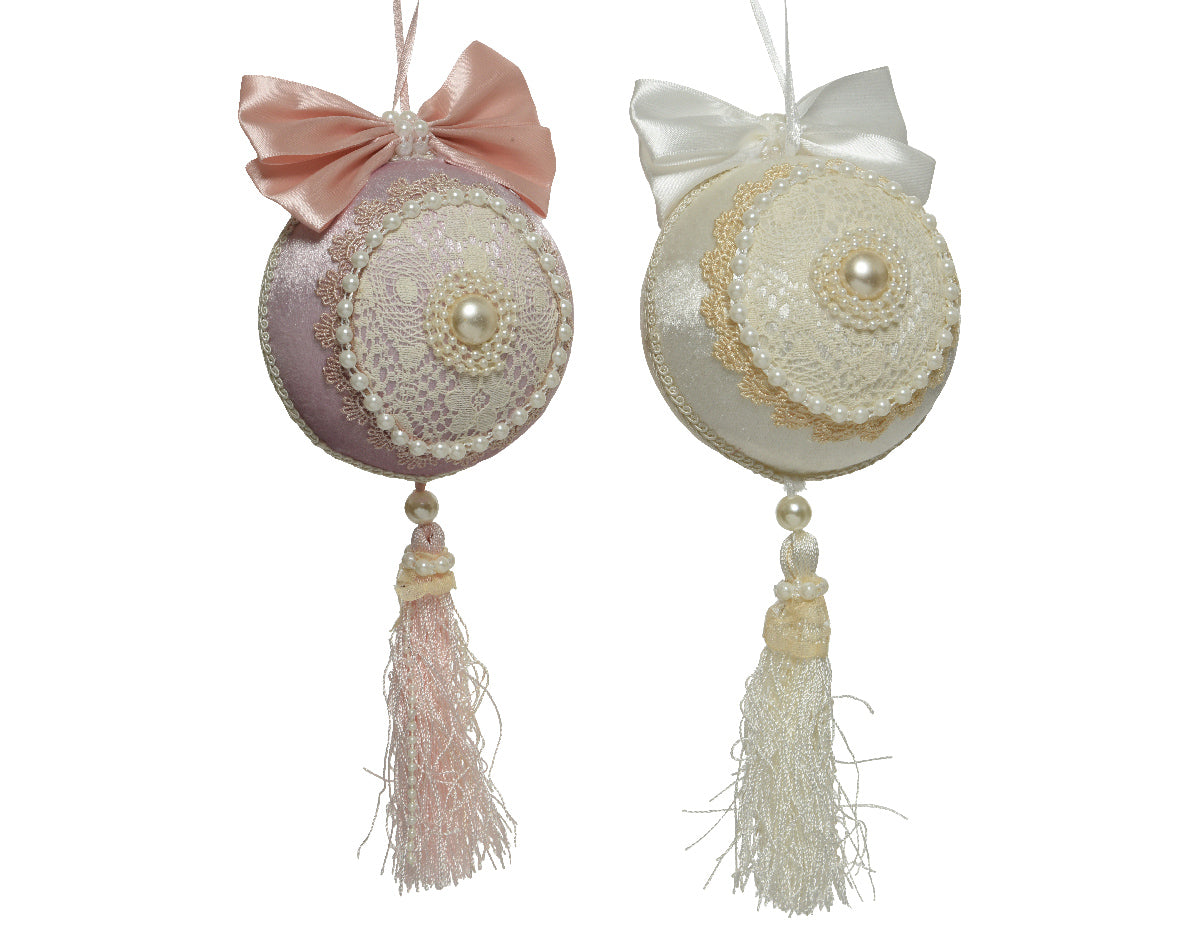 Pallina Rosa Perle Oro Con Drappo decorazione natalizia con nappa diametro 10 cm altezza 25 cm - DeMatteis.it