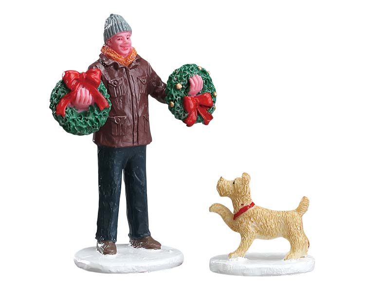 Tree Lot Figure Set Of2 Lemax figurine decorative natalizie con personaggio e cane per villaggio di Natale - DeMatteis.it