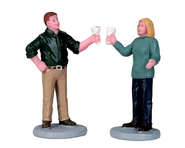 A Fine Vintage Set Of2 Lemax figurine decorative per villaggi natalizi, coppia che brinda - DeMatteis.it