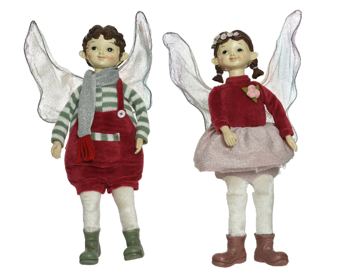 Elfi decorativi natalizi con ali, coppia di figurine ornamentali dimensioni 28x10x40 cm per decorazione natalizia - DeMatteis.it