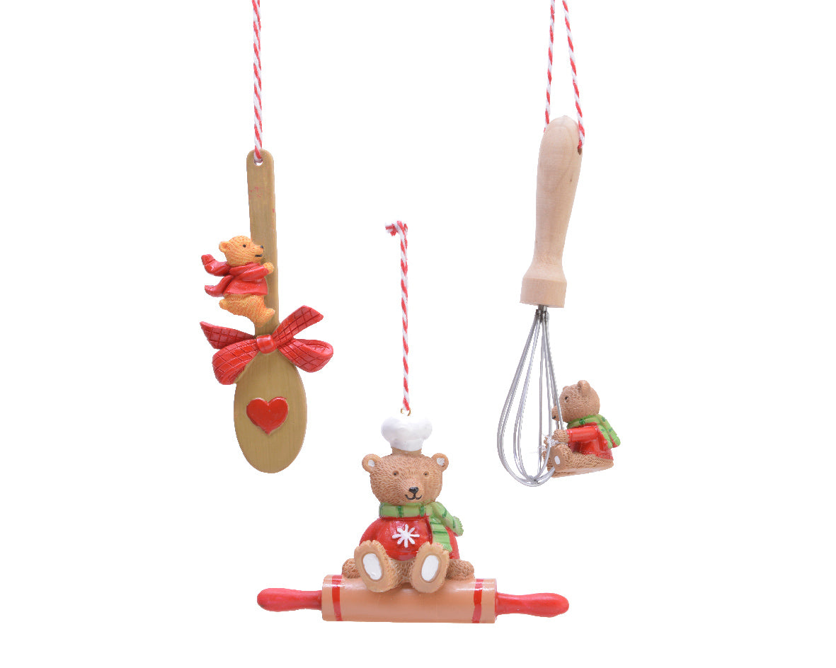 Pendente Utensile Manuale Cucina set 3 pezzi decorativi natalizi con cucchiaio frusta mattarello 12x8 cm - DeMatteis.it