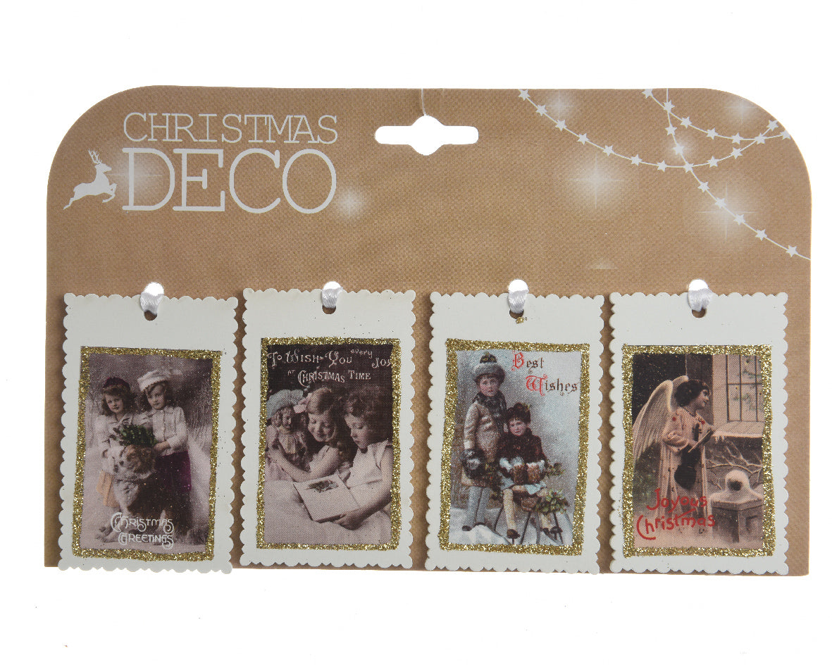 Pendente Cartolina 5 x 8 cm decorazione natalizia in legno con immagini vintage di bambini e angeli - DeMatteis.it