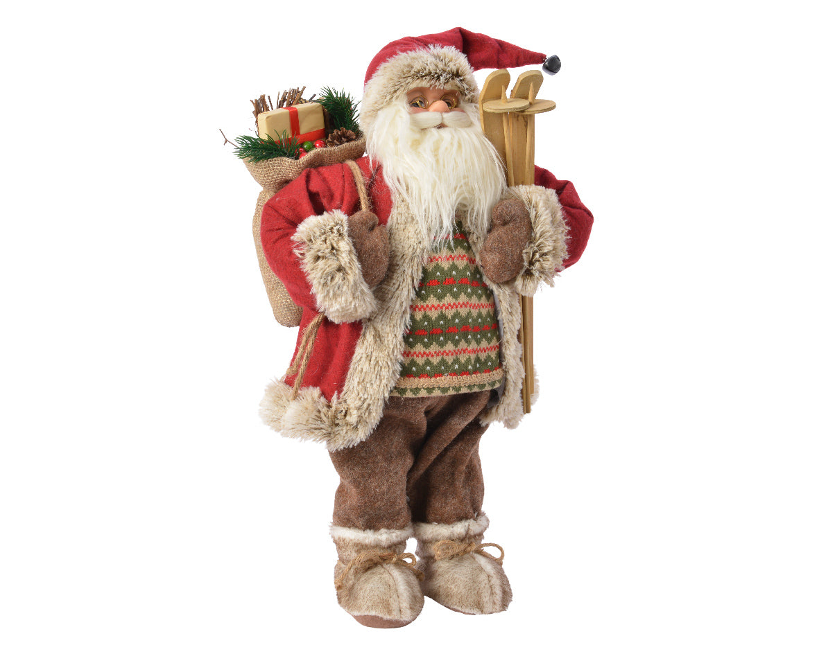 Babbo Natale decorativo con sci e sacco doni, decorazione natalizia da 45 cm di altezza - DeMatteis.it