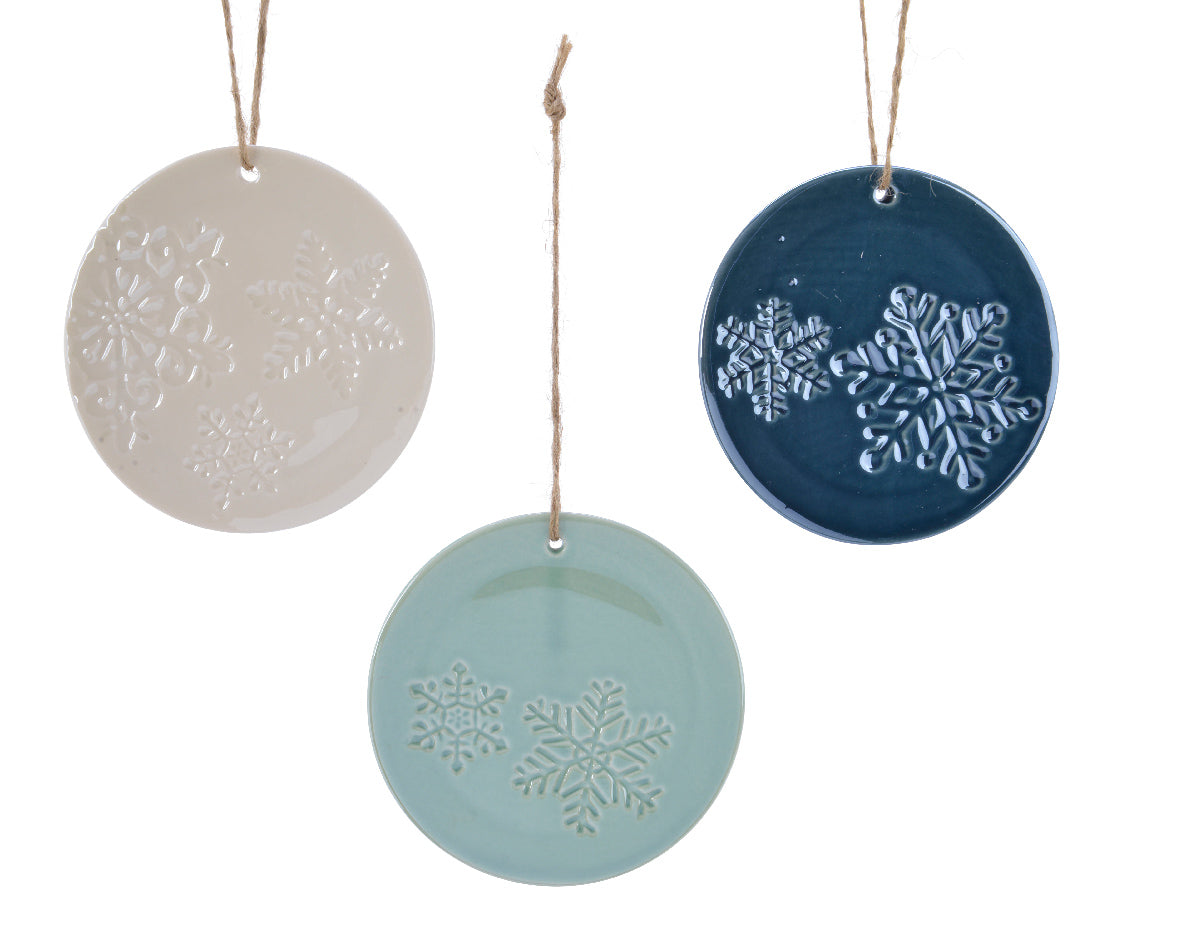 Pendente Disco Con Fiocco Di Neve in porcellana per decorazioni natalizie 9 x 9 x 0,5 cm con cordino - DeMatteis.it