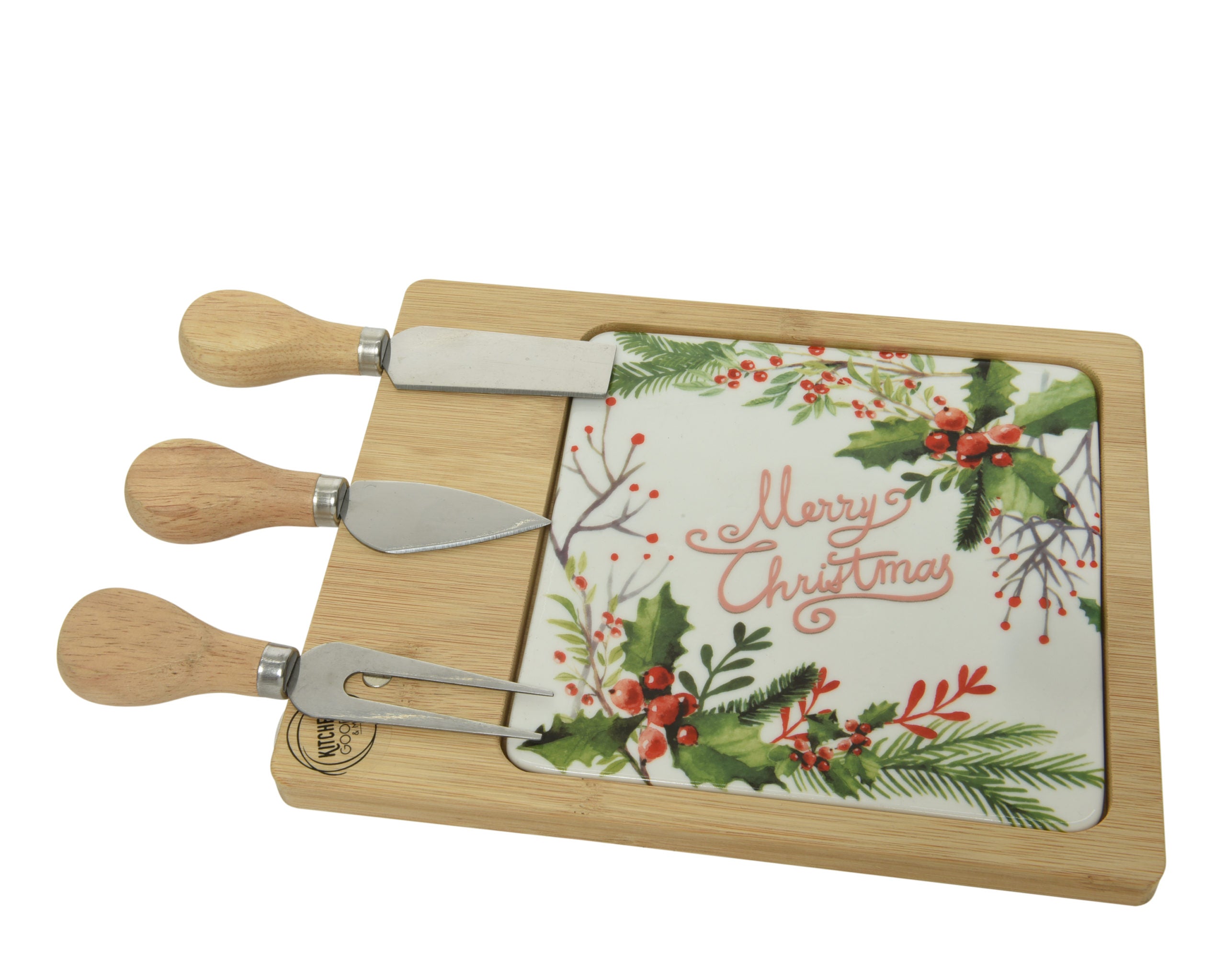 Tagliere per formaggio natalizio in legno con coltelli inclusi 22x18x3 cm per servire formaggi durante le feste - DeMatteis.it