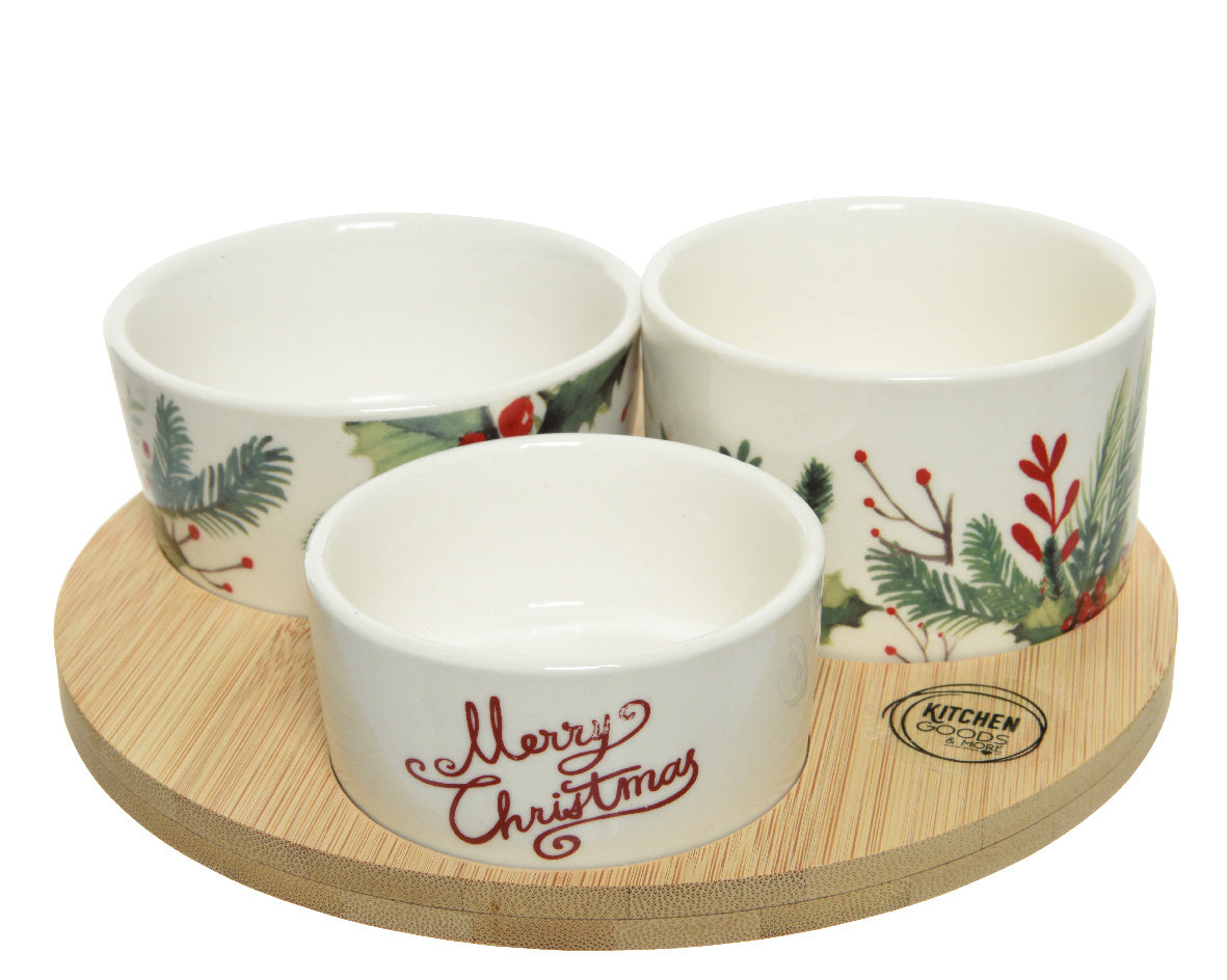 Vassoio Per Tapas con decori natalizi da 18 cm con tre ciotole in ceramica su base in legno - DeMatteis.it