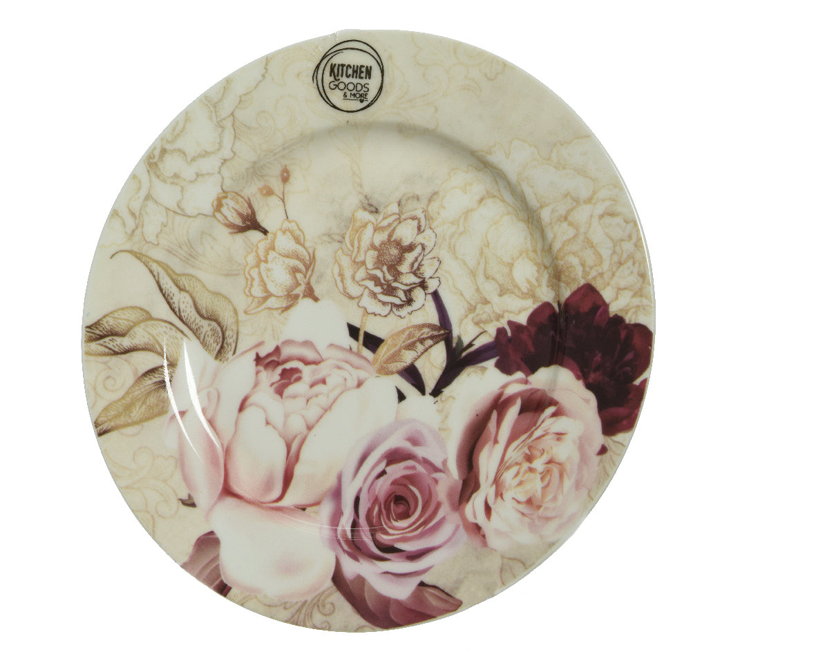 Piatto Porcellana Decoro Fiori Rossi D 21 Cm