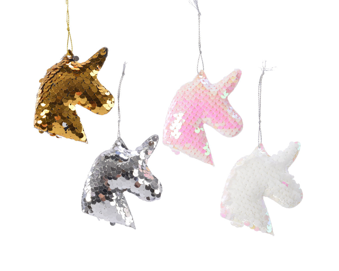 Pendente Testa Unicorno decorativo con paillettes per addobbi natalizi dimensioni 7 x 8 cm - DeMatteis.it