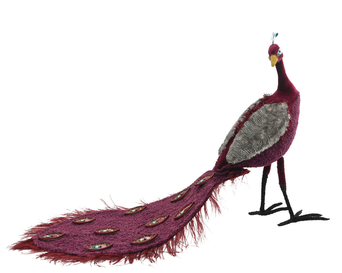 Pavone decorativo in velluto con glitter e dettagli ornamentali per arredamento 42x110x55 cm - DeMatteis.it