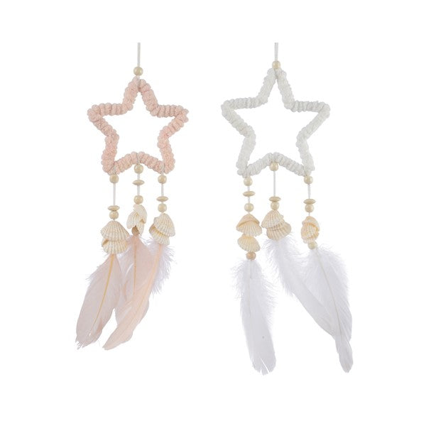 Pendente Stella Con Piume decorativo in poliestere 31 cm con conchiglie e perle di legno - DeMatteis.it