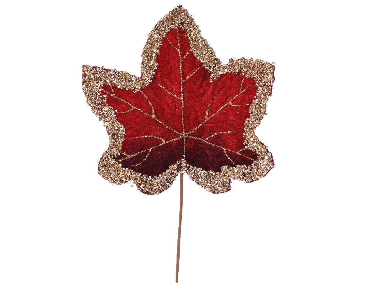 Foglia Velluto Glitter Rossa 29 cm decorativa con gambo per addobbi natalizi e decorazioni festive - DeMatteis.it
