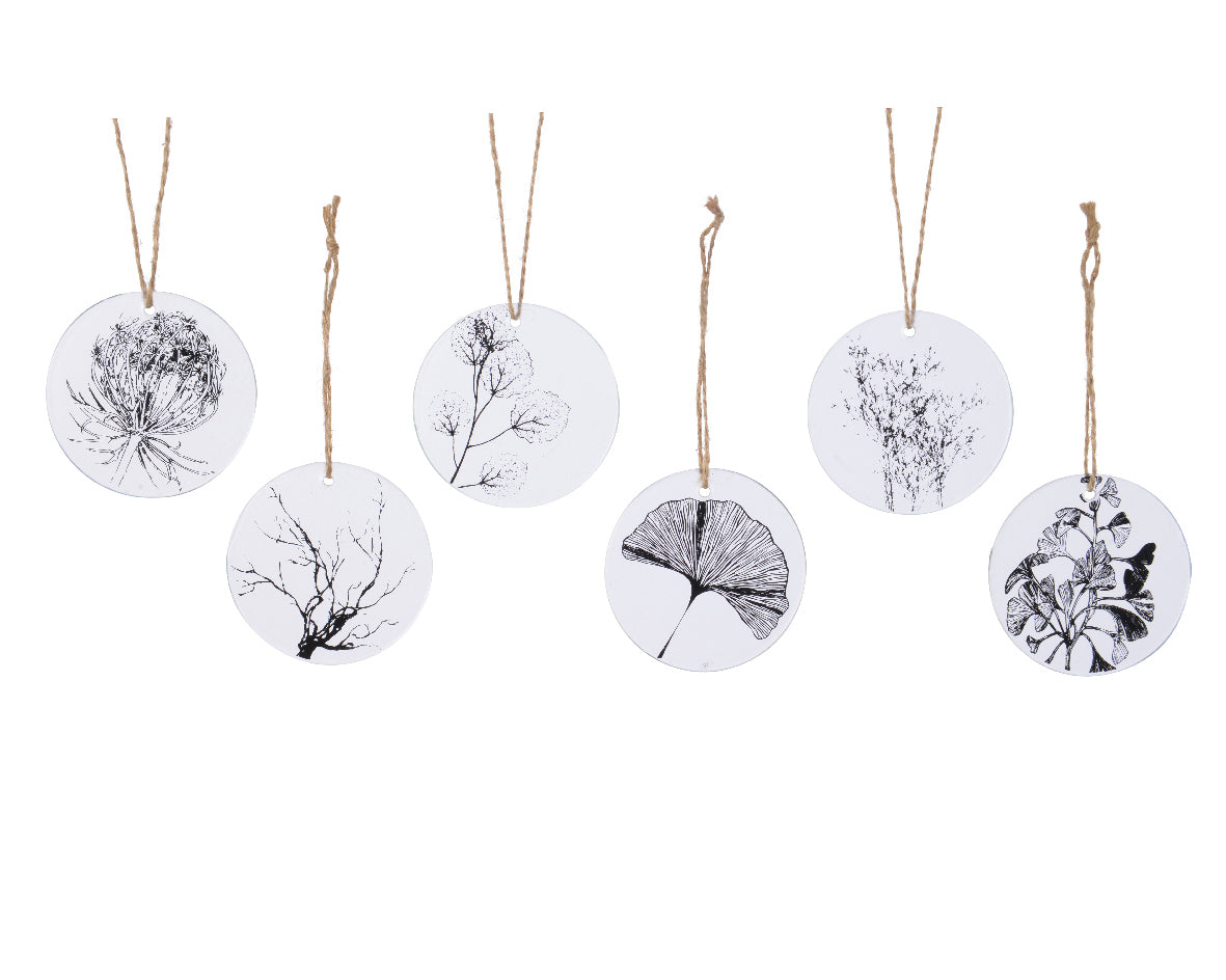 Pendente decorativo D 8 cm bianco con motivi foglia nera per decorazione natalizia - DeMatteis.it